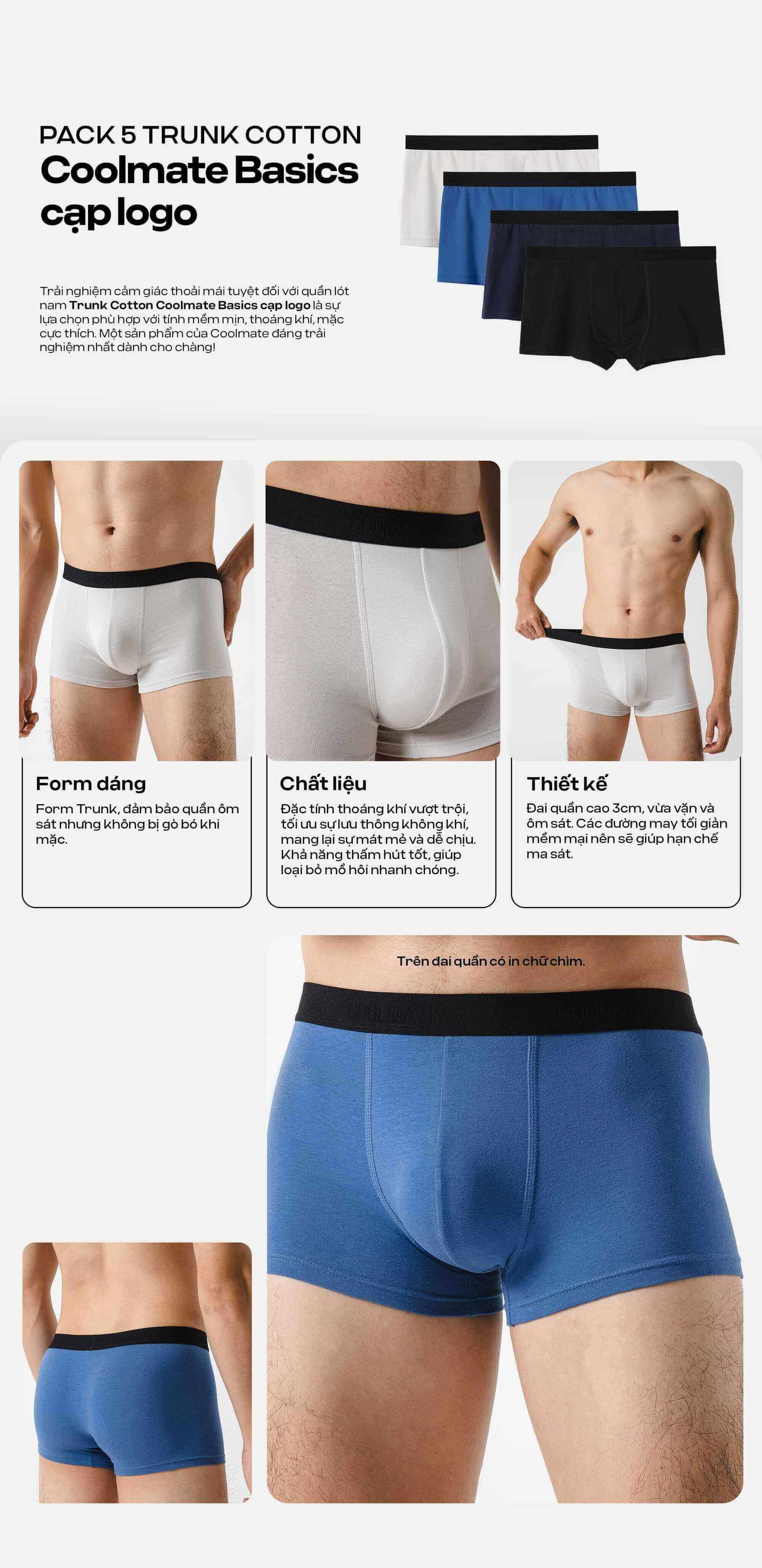 Pack 5 quần lót nam Trunk Cotton Coolmate Basics cạp logo với các màu trắng, xanh dương, xanh navy và đen, cùng hình ảnh chi tiết cận cảnh về form dáng ôm sát, chất liệu vải cotton thoáng khí và thiết kế đai lưng co giãn