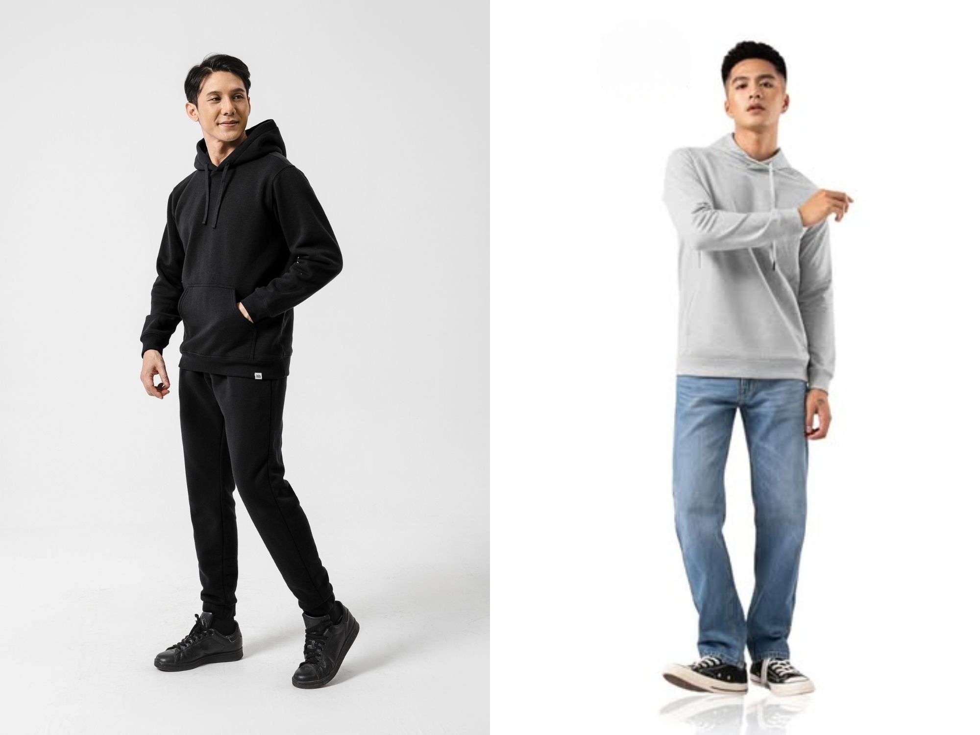 Gợi ý cách phối đồ với áo hoodie nam, bên trái là hoodie đen phối cùng quần jogger, bên phải là hoodie xám phối với quần jeans