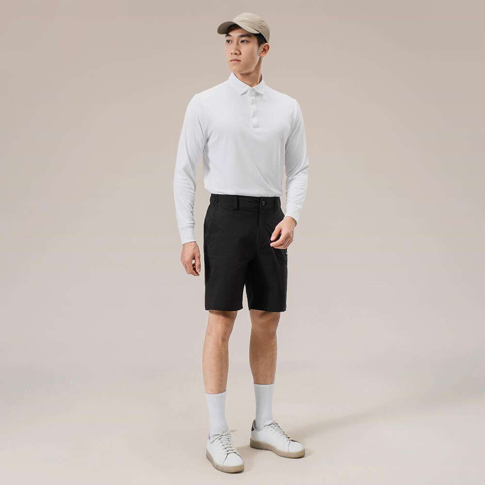Phối đồ Áo Polo Nam Dài Tay Thể Thao Essentials trắng cùng quần short đen