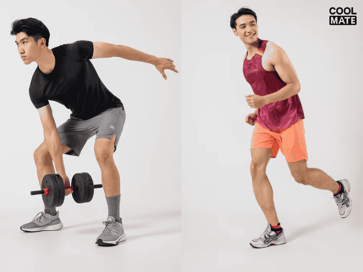 Phối đồ luyện tập với quần short và áo thun thể thao
