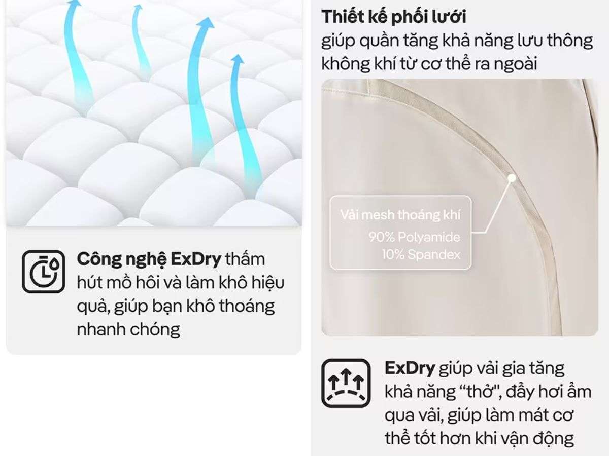 Sử dụng công nghệ ExDry giúp quần thấm hút mồ hôi tốt và nhanh khô