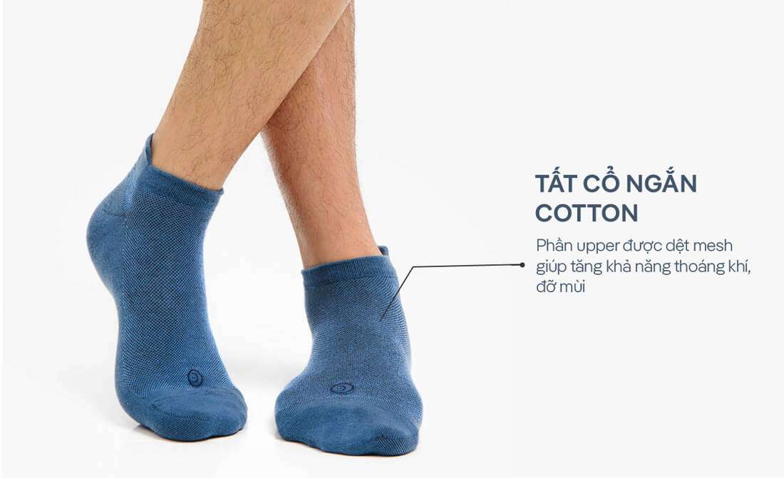 Cận cảnh đôi tất cổ ngắn cotton màu xanh với chi tiết dệt mesh thoáng khí