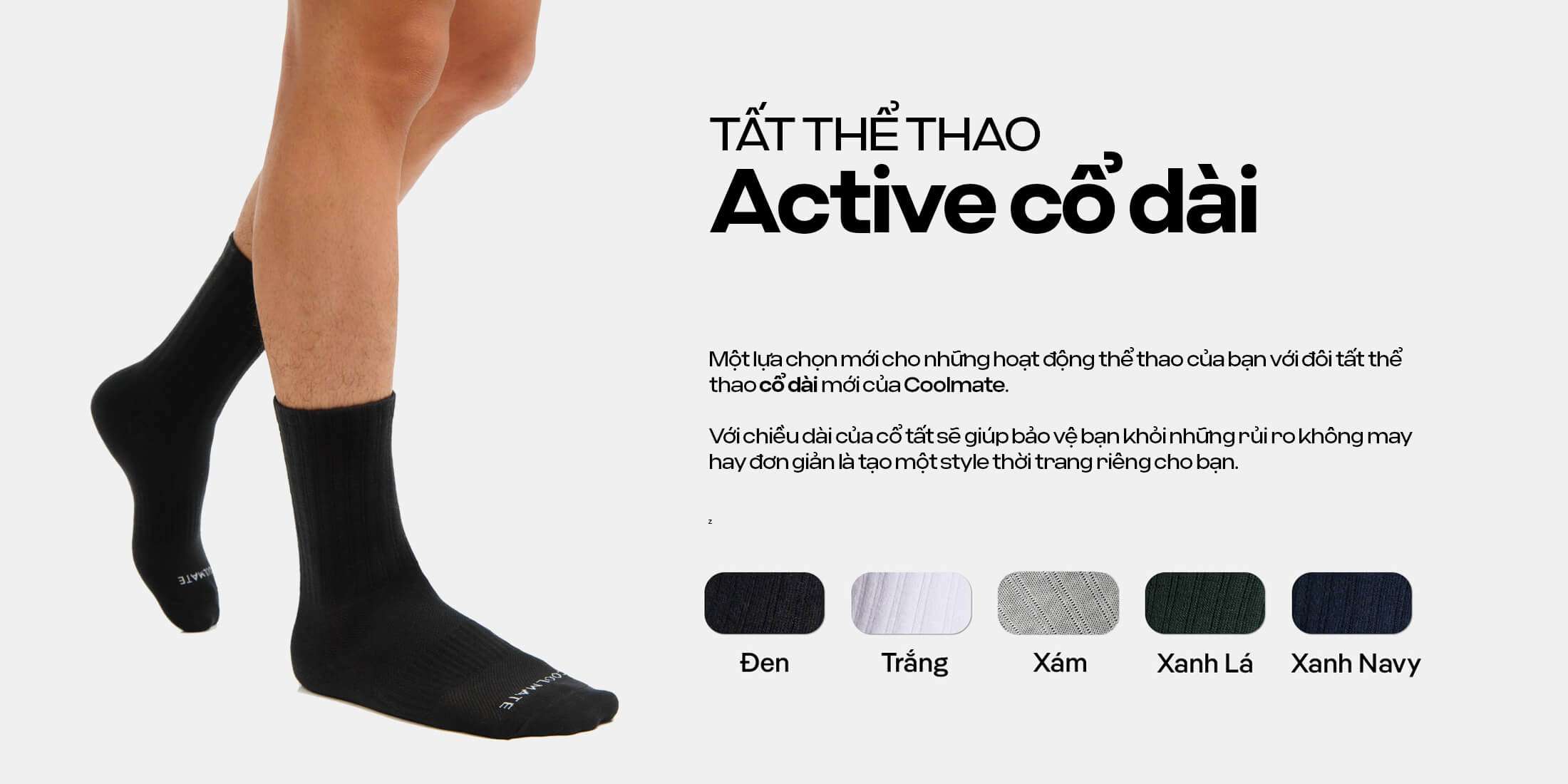 Tất thể thao Active cổ dài Coolmate màu đen trên chân người mẫu cùng 5 lựa chọn màu sắc