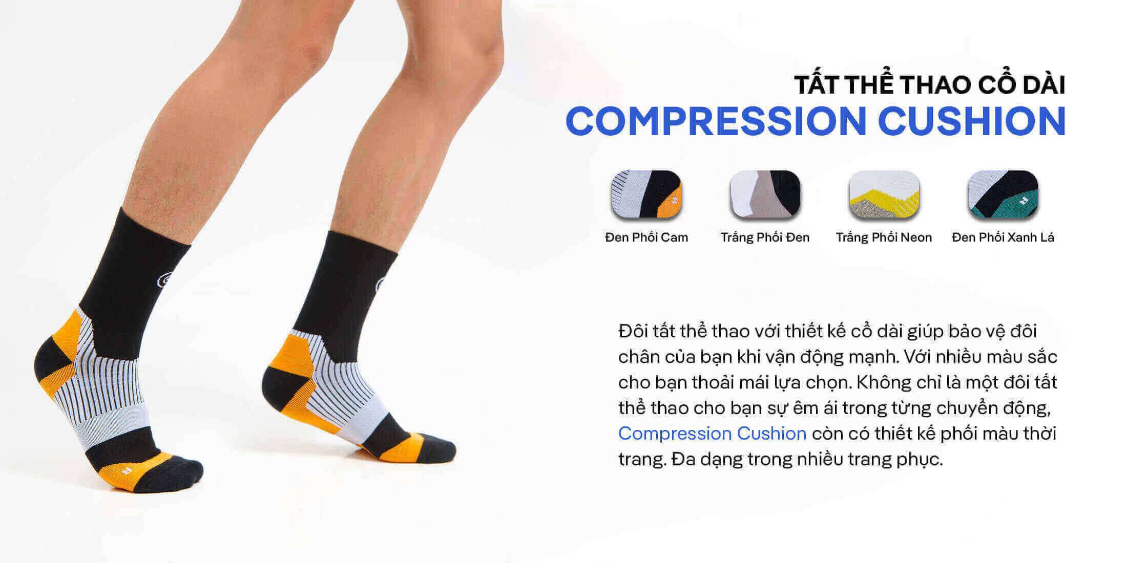 Các phiên bản màu sắc của tất thể thao cổ dài Compression Cushion và hình ảnh người mẫu đang chạy