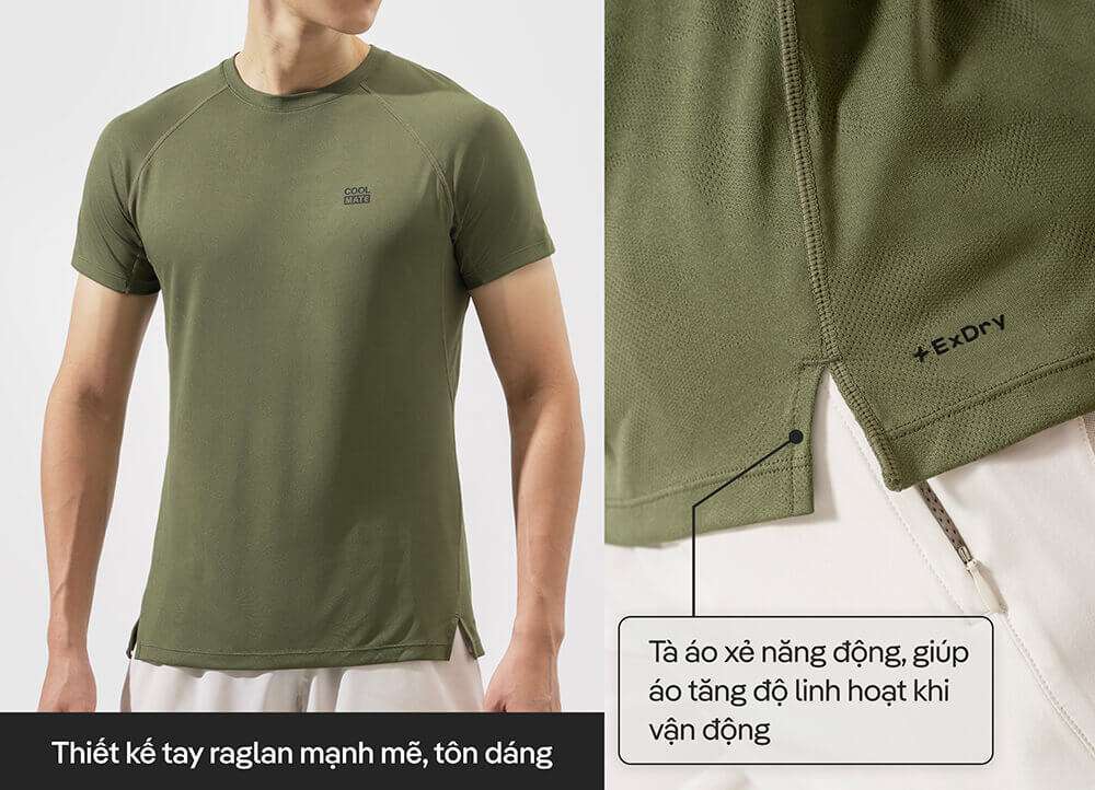 Chi tiết thiết kế tay raglan và tà áo xẻ của áo thun thể thao Jacquard Active