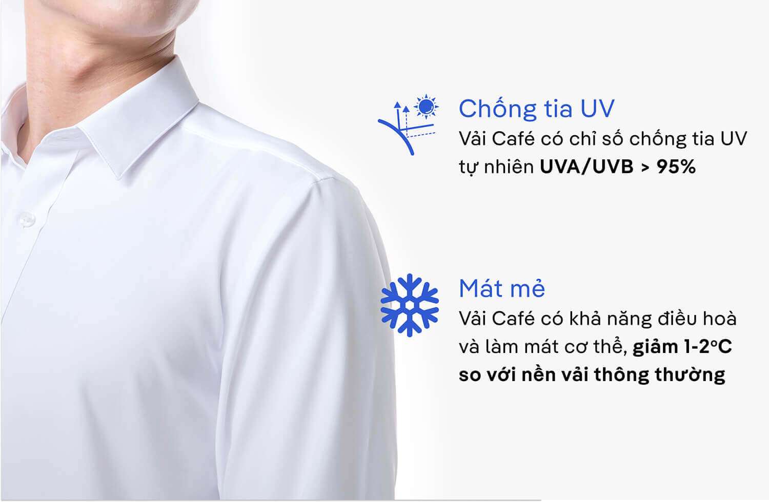 Tính năng nổi bật của áo sơ mi Café-DriS: Chống tia UV và Mát mẻ