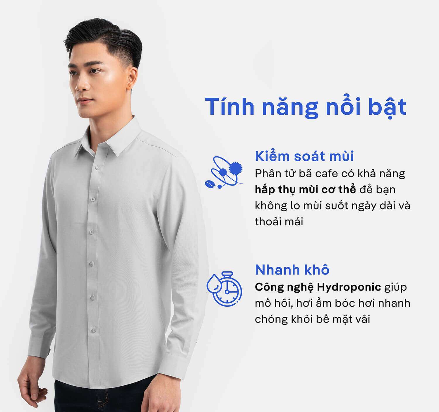 Tính năng nổi bật của áo sơ mi Café-DriS: Kiểm soát mùi và Nhanh khô