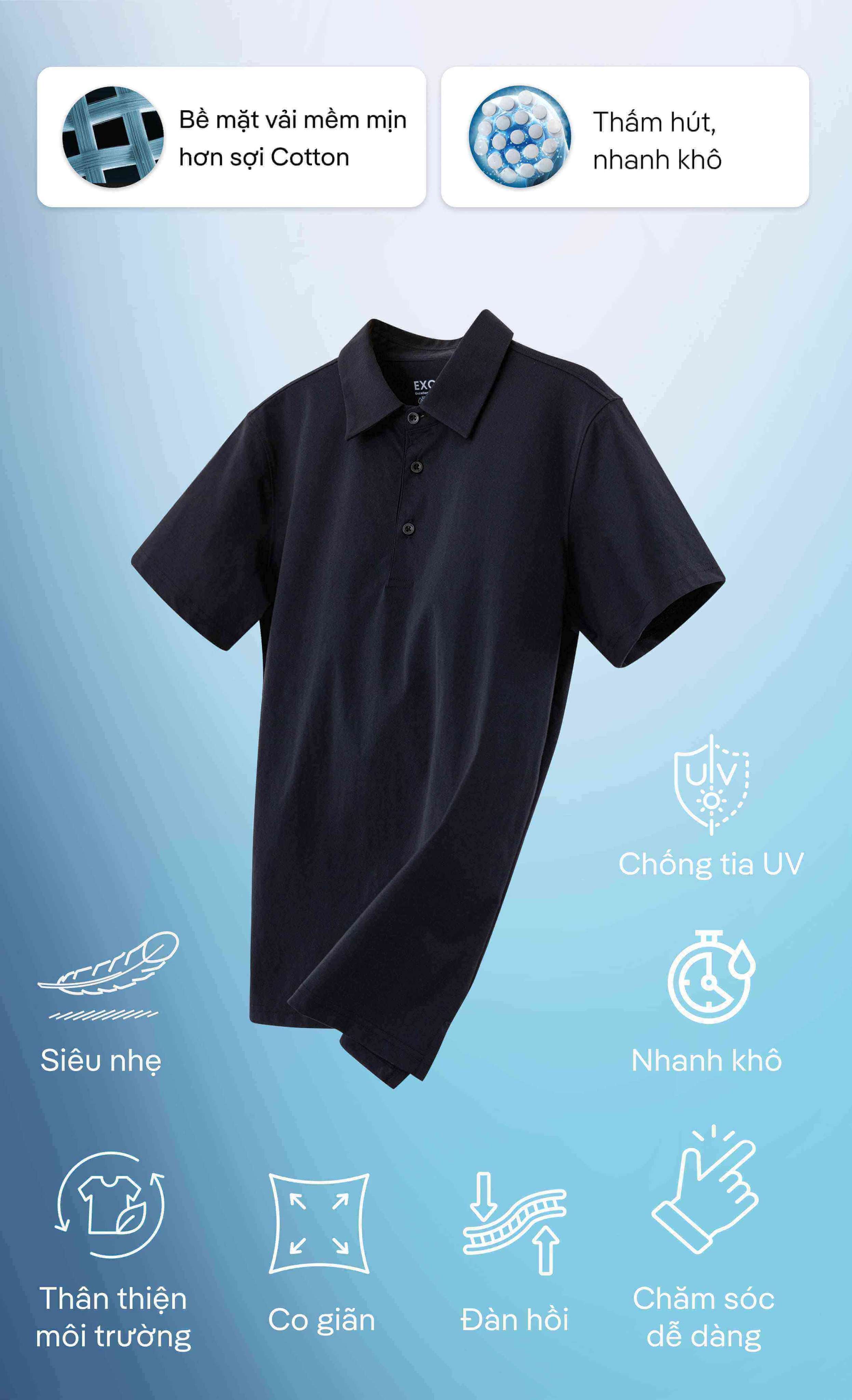 Tổng hợp các tính năng vượt trội của áo polo nam Excool như siêu nhẹ, nhanh khô, chống tia UV
