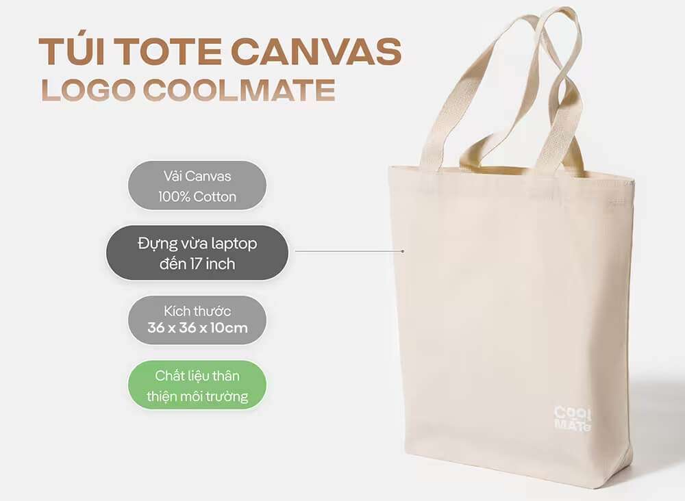 Túi Tote Canvas Logo Coolmate màu be với các đặc điểm nổi bật như chất liệu, kích thước và khả năng đựng laptop