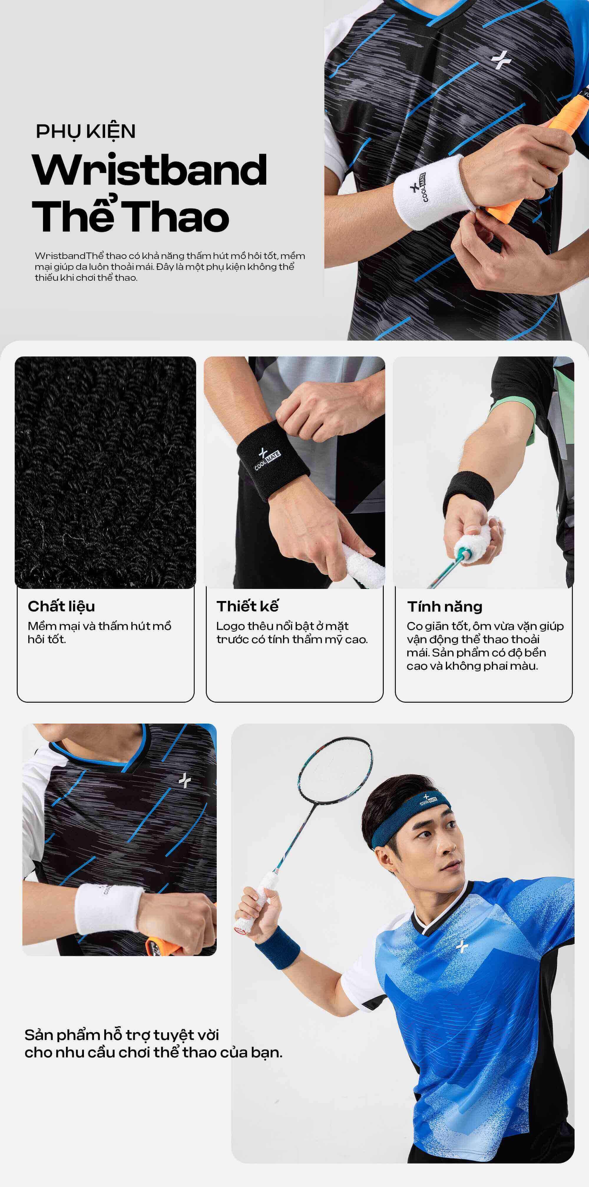 Người mẫu nam đeo Wristband Thể Thao Coolmate khi chơi cầu lông, cận cảnh chất liệu và logo