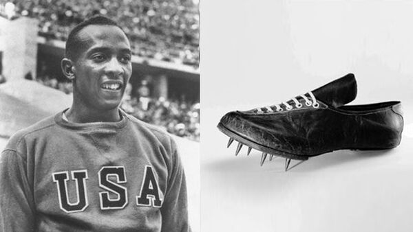 Dassler thuyết phục vận động viên chạy nước rút người Mỹ Jesse Owens sử dụng gai làm bằng tay của mình