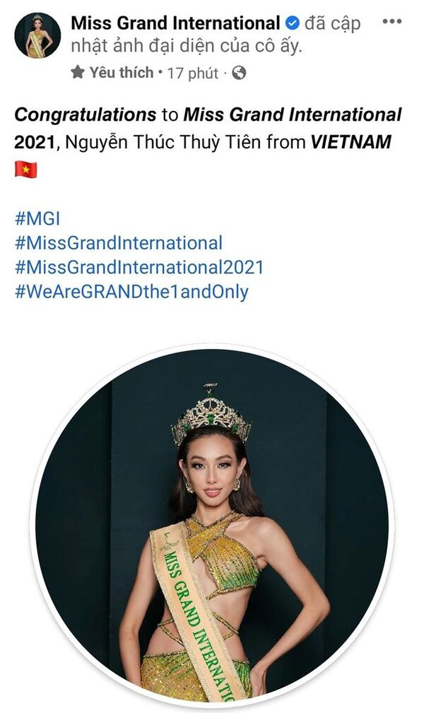 Fanpage Miss Grand International đổi hình Thuỳ Tiên cùng lời chúc mừng
