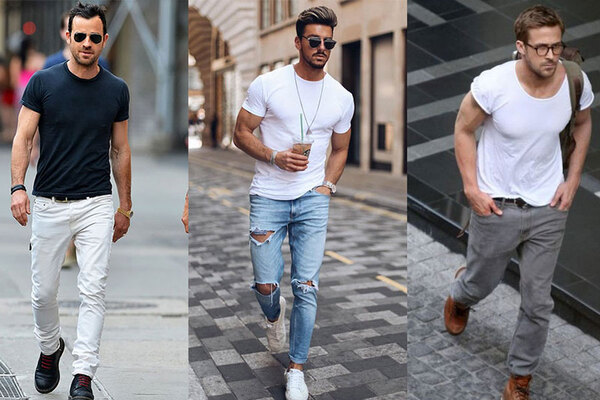 Phối áo thun nam đẹp với quần jean giúp chàng thêm cá tính