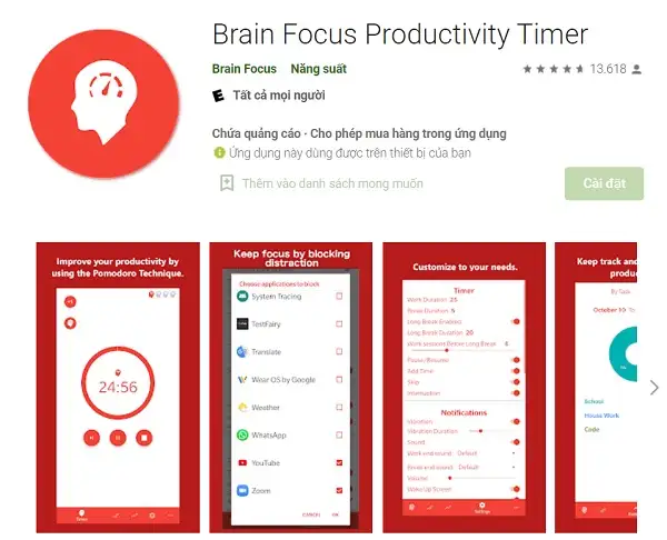 Brain Focus Productivity Timer - áp dụng phương pháp Pomodoro dễ dàng hơn 