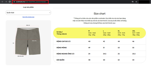 Size quần cụ thể khi mua hàng tại website Coolmate giúp khách hàng dễ đối chiếu với số đo cơ thể