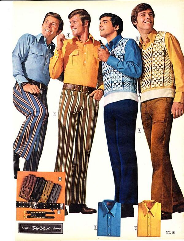 Quần ống loe và những họa tiết, màu sắc sặc sỡ tạo nên điểm nhấn thời trang nam giới 1970s